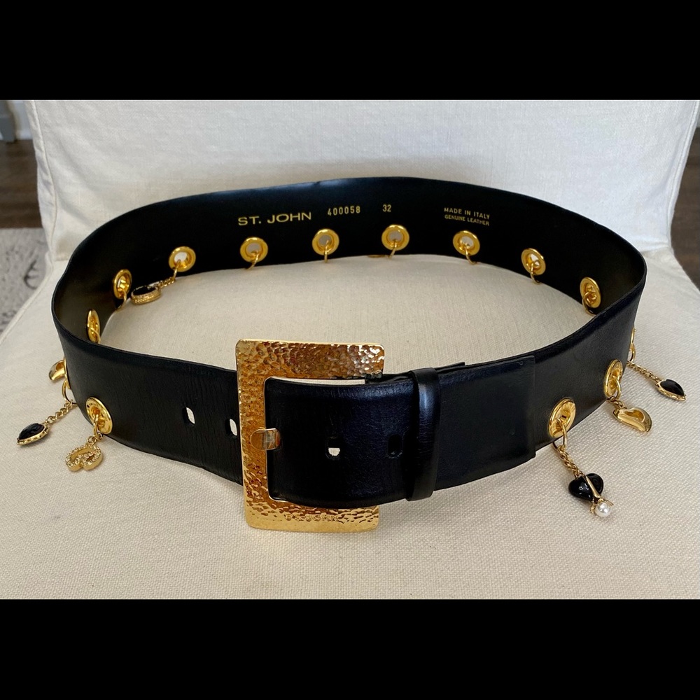 St John Designer Wide Italian Black Leather Belt Heart Charms Rhinestone Bling